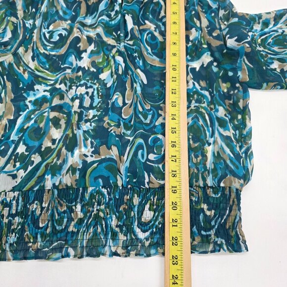 Womens PL Blue Green Sheer Blouse Ruffle Hem Smocked Boho Lightweight Top - Picture 14 of 15
